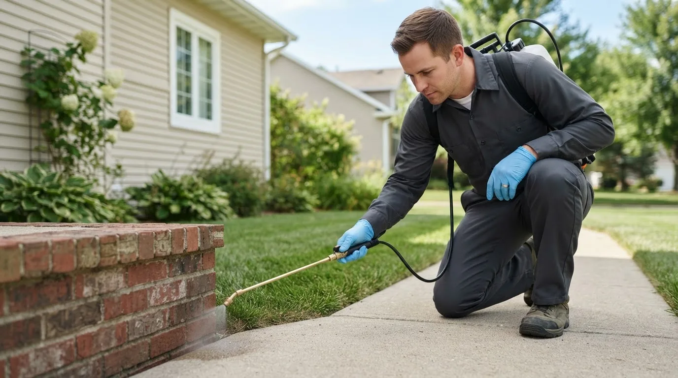 Pest control technician treating a home near Roanoke, IL