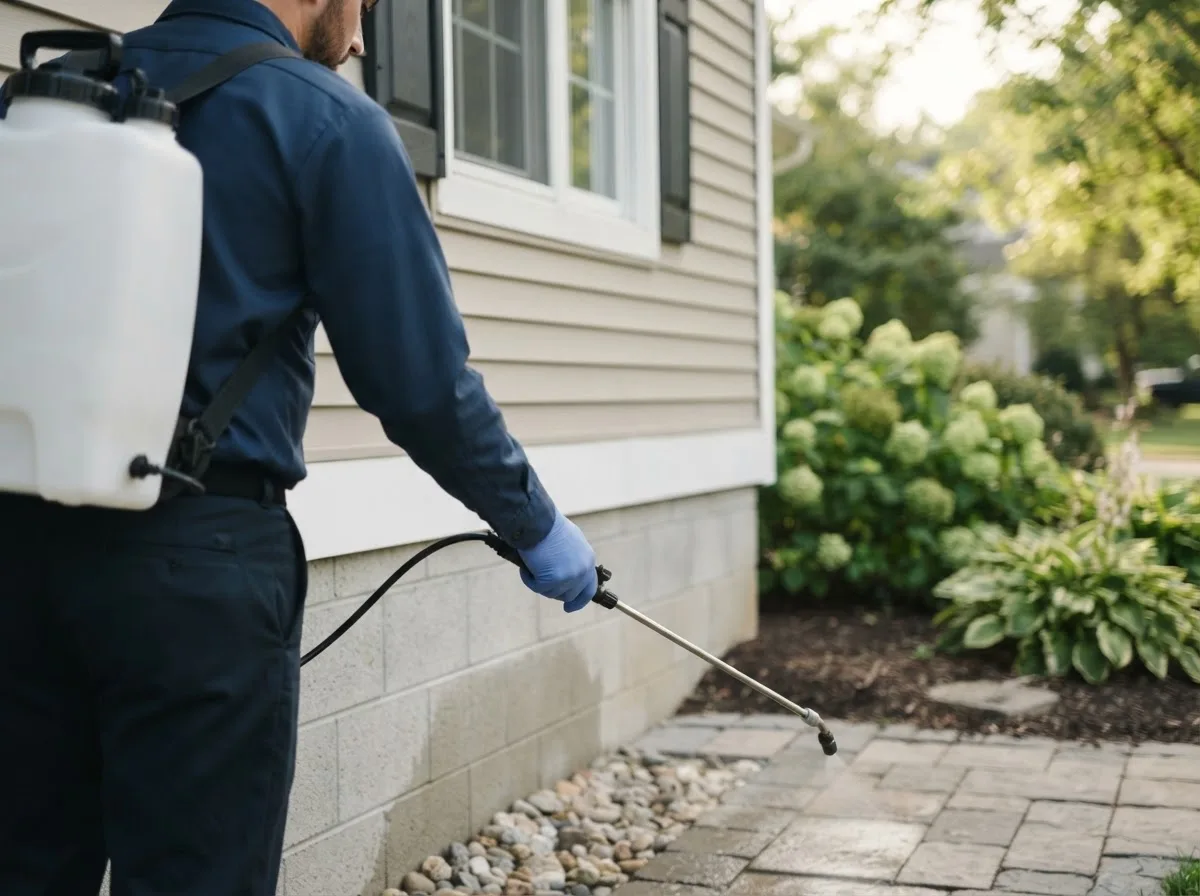 Pest control technician inspecting a home in Roanoke, IL